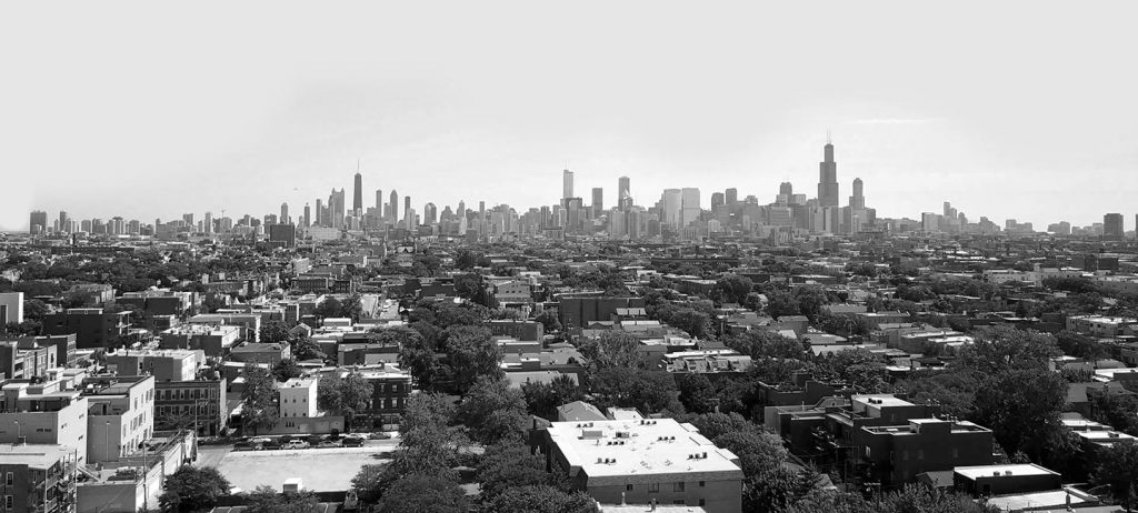 Chicago skyline in the distance.